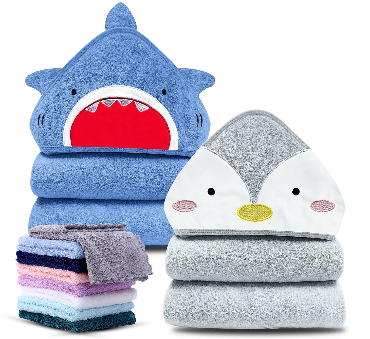 230816030715898_1 Cute Castle 2 Pack Bamboo Hooded Baby Towel 8 Washcloths - Soft Bath Towel for Bathtub for Newborn, Infant - Ultra Absorbent, Natural Baby Stuff for Boy and Girl (Lovely Elephant, Happy Bird) - Image 1